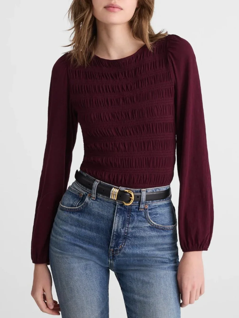 Madewell Smocked Cotton Boatneck Puff Sleeves Slim Fit Top Burgundy Size XS NWT
